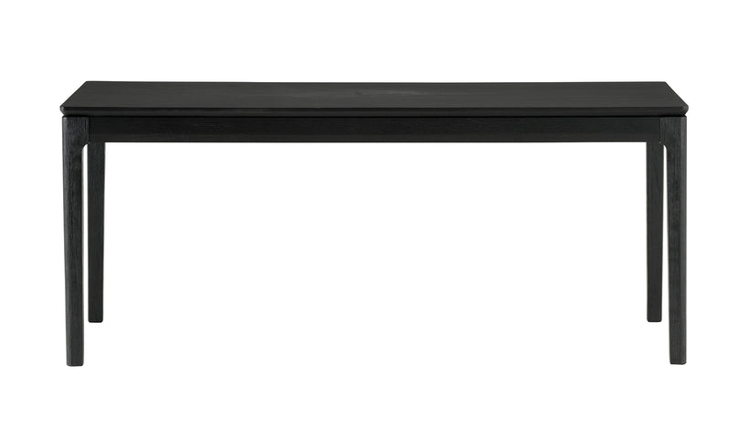 Black rectangular dining table on a white background.