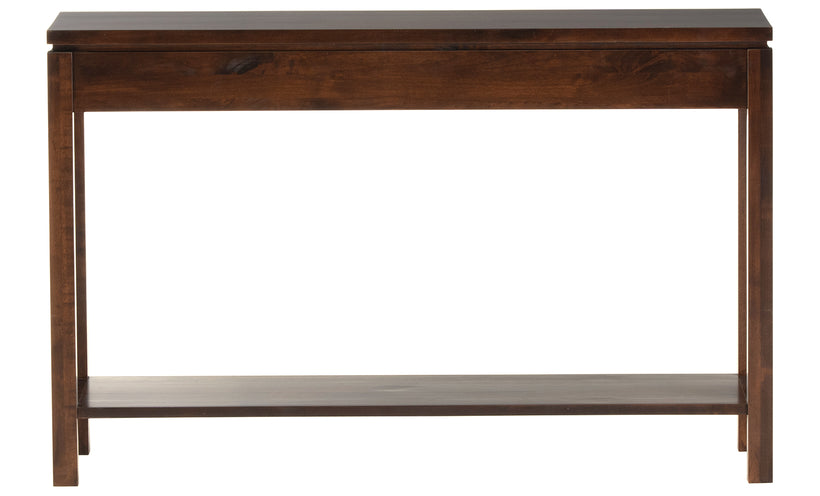 Transitional sofa table in a rich auburn finish on a white background.
