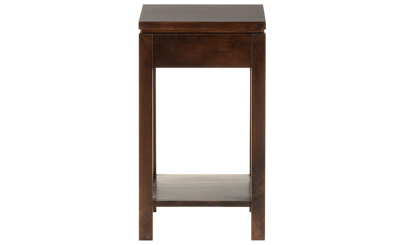 Transitional chairside table in a rich auburn finish on a white background.