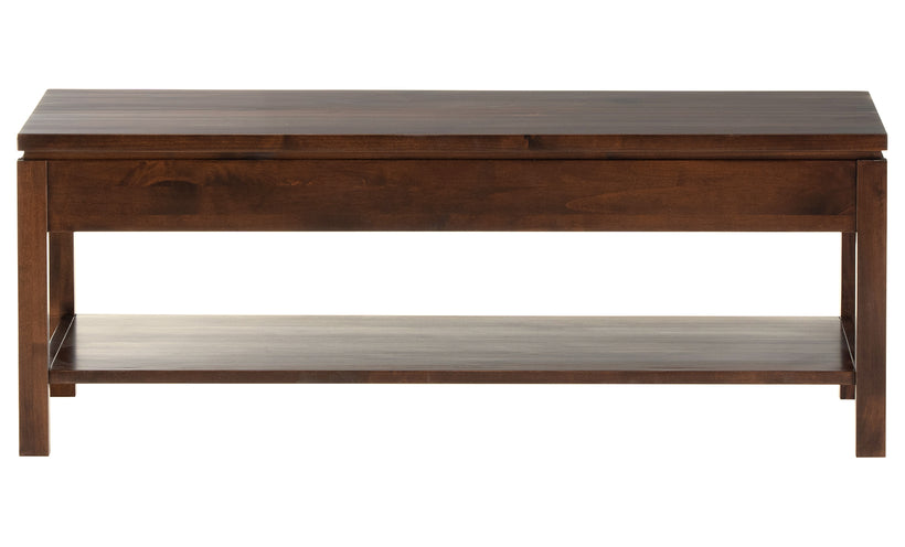 Transitional coffee table in a rich auburn finish on a white background.