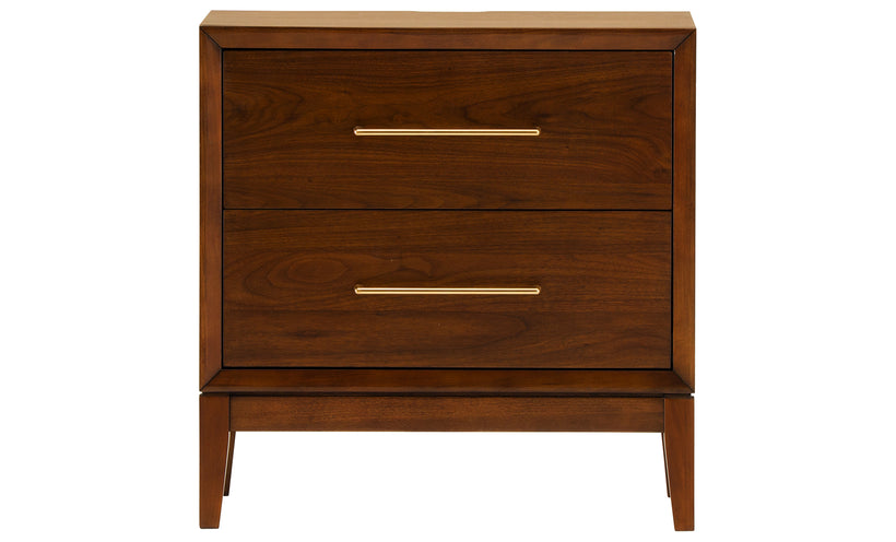 Midcentury modern nightstand on a white background.