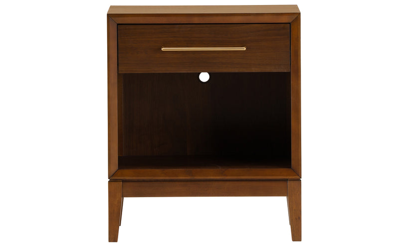 Midcentury modern nightstand on a white background.