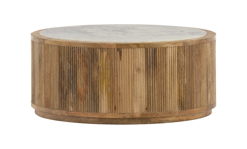 Round wooden coffee table with a marble top on a white background