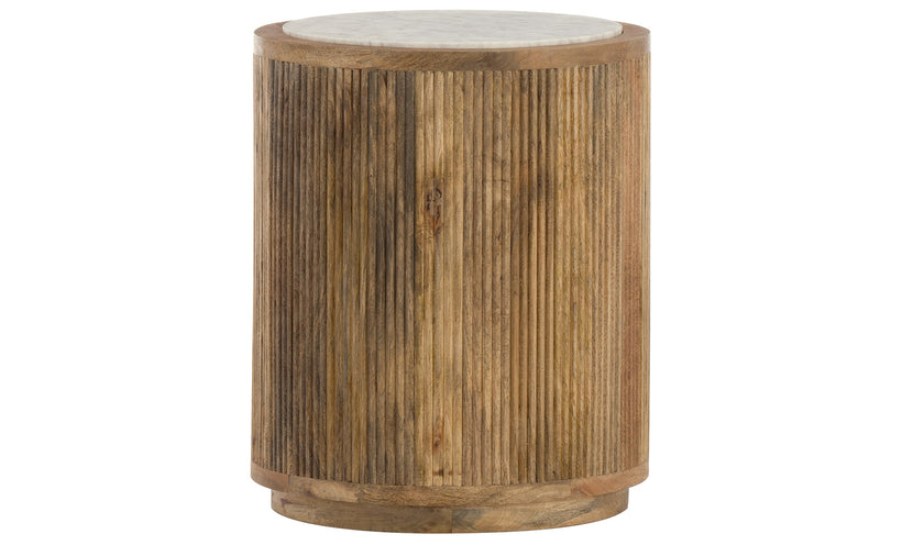 Wooden side table with a white marble top on a white background