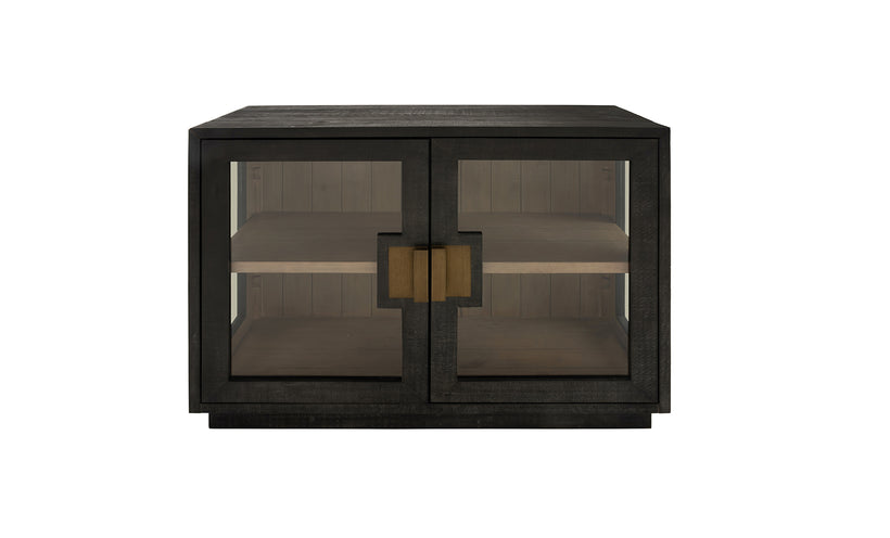 Black glass-fronted cabinet with bronze handles on a white background