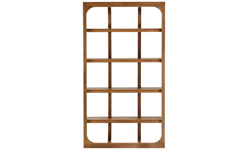 Open back bookcase in a warm brown finish on a white background.