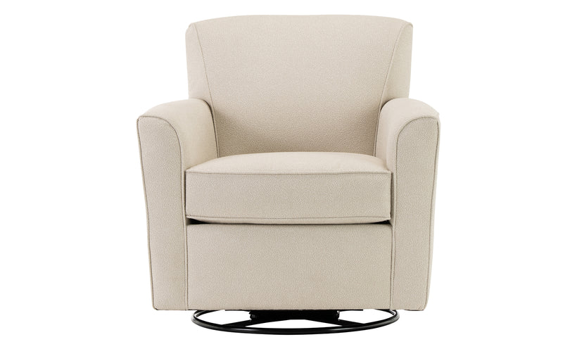 Transitional swivel chair upholstered in a warm white fabric on a white background.