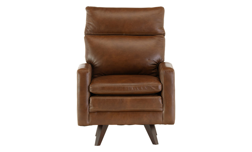 Brown leather swivel chair with contrast stitching on a white background.