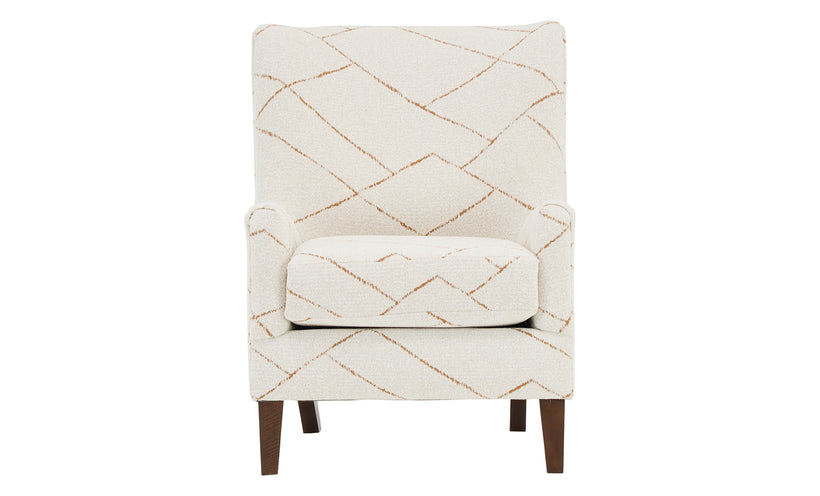 Accent chair in a light geometric upholstery on a white background.
