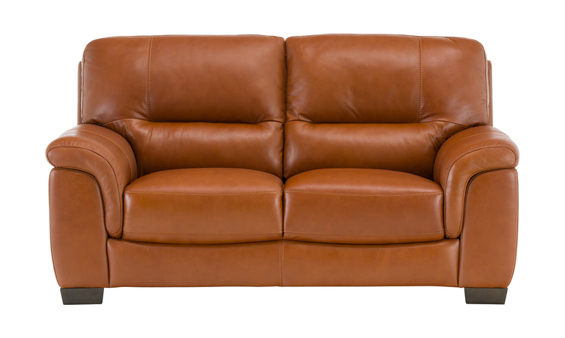 Leather loveseat on a white background.