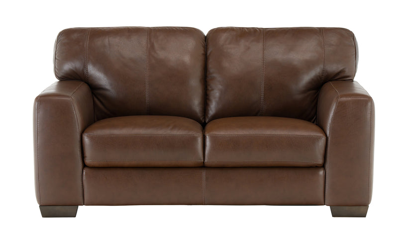 Brown leather loveseat on a white background.
