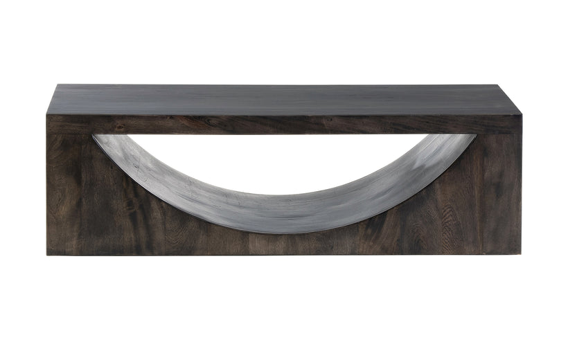 Modern coffee table in a dark gray brown finish with a crescent shape cut out on a white background.