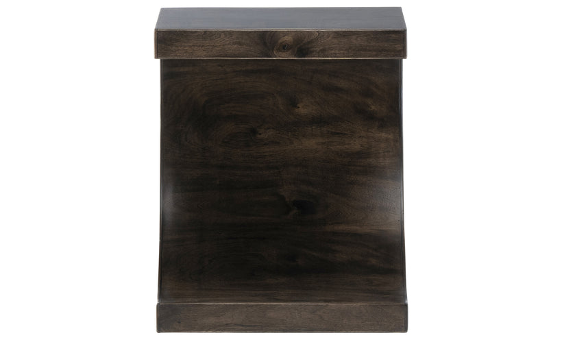 Modern chairside table in a dark gray brown finish with a crescent shape cut out on a white background.