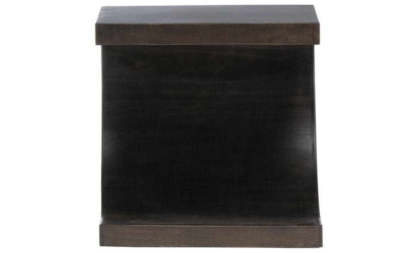 Modern end table in a dark gray brown finish with a crescent shape cut out on a white background.