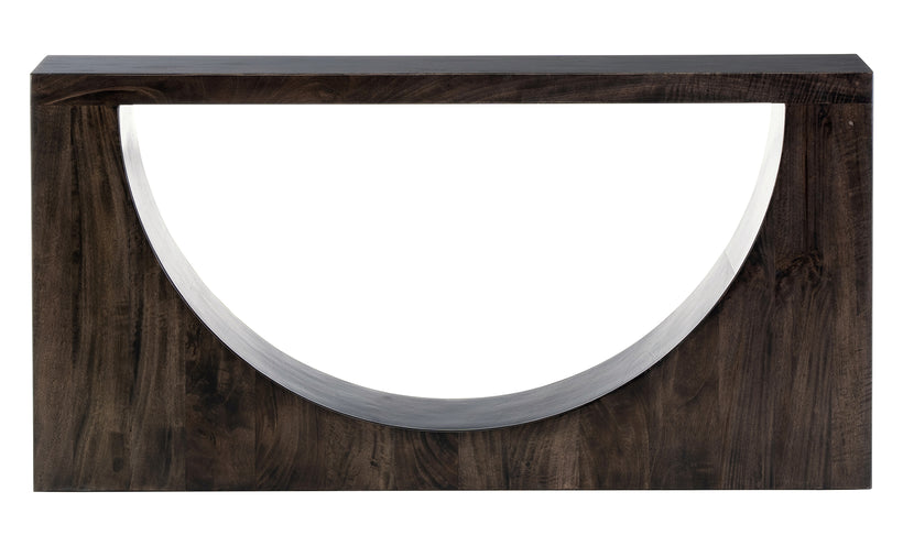 Modern sofa table in a dark gray brown finish with a crescent shape cut out on a white background.