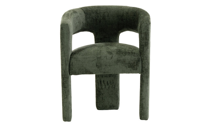 Modern curve back dining chair in a forest green upholstery on a white background.