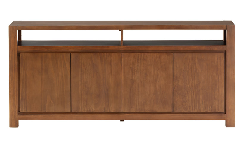 A modern medium brown finish tv console on a white background.