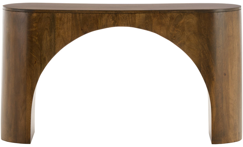 Wooden side table with arch design on a white background