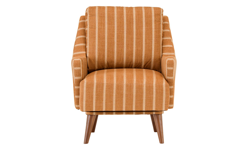Midcentury modern accent chair with a stripe fabric on a white background.