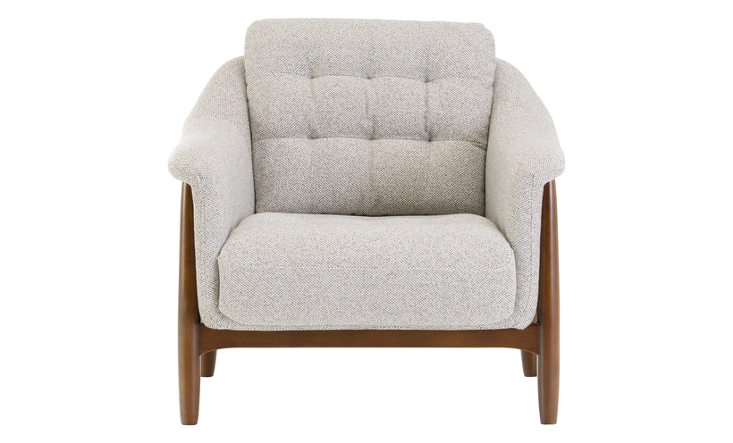 Midcentury modern upholstered chair with exposed rounded wood frame on a white background.