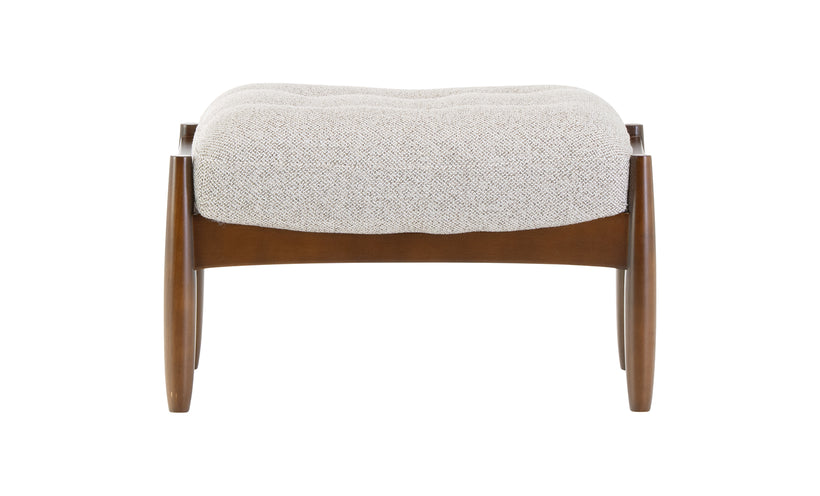 Midcentury modern upholstered ottoman with exposed rounded wood frame on a white background.