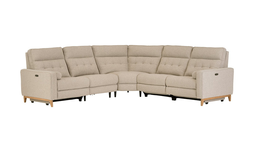Midcentury modern light upholstery reclining sectional on a white background.