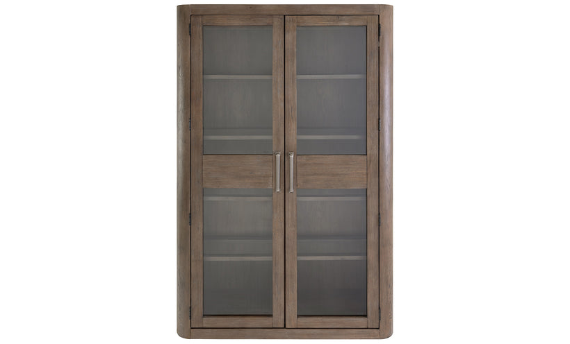 Tall display cabinet with glass doors on a white background.
