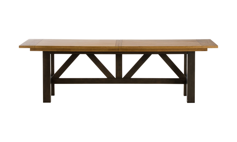 Wooden dining table with dark brown legs on a white background