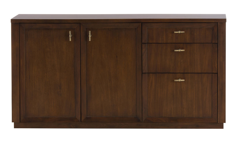 Wooden sideboard with two doors and three drawers on a white background