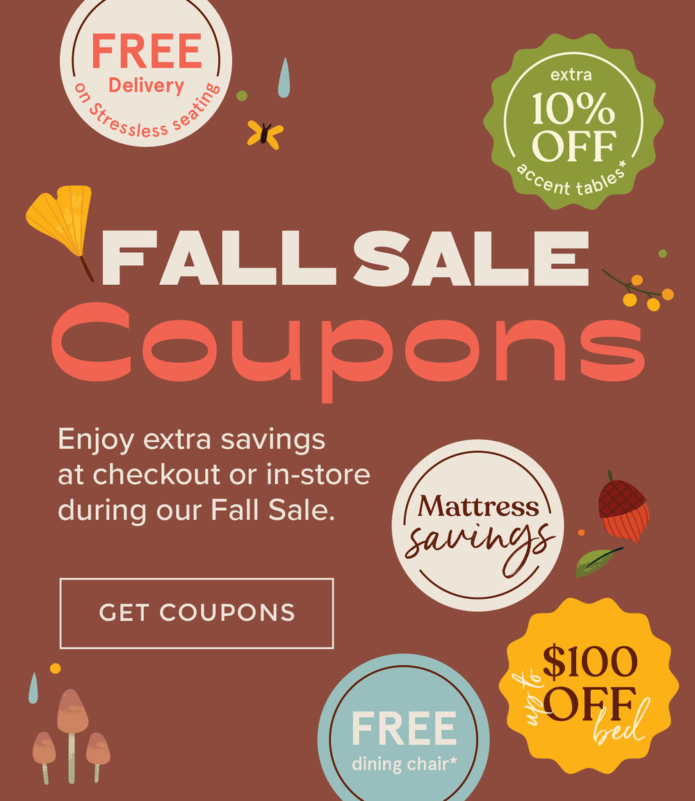 Fall sale coupons banner. Enjoy extra savings at checkout or in store during our fall sale. Coupon button in lower left hand corner.