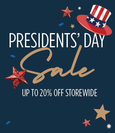 Promotional graphic for a Presidents' Day Sale with stars and a hat on a dark blue background.