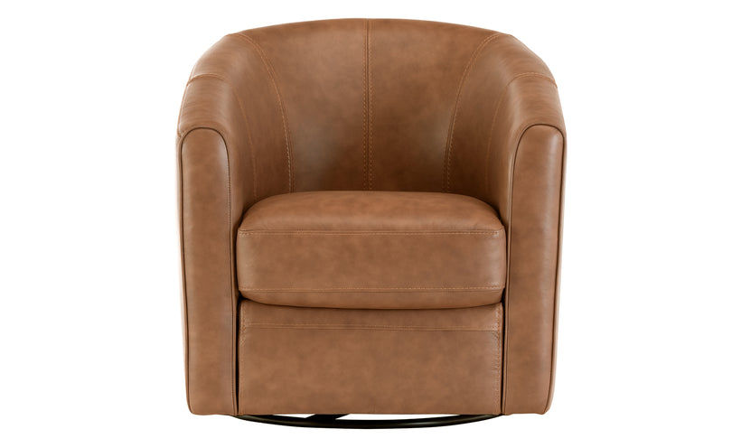 Brown leather swivel chair on a white background.