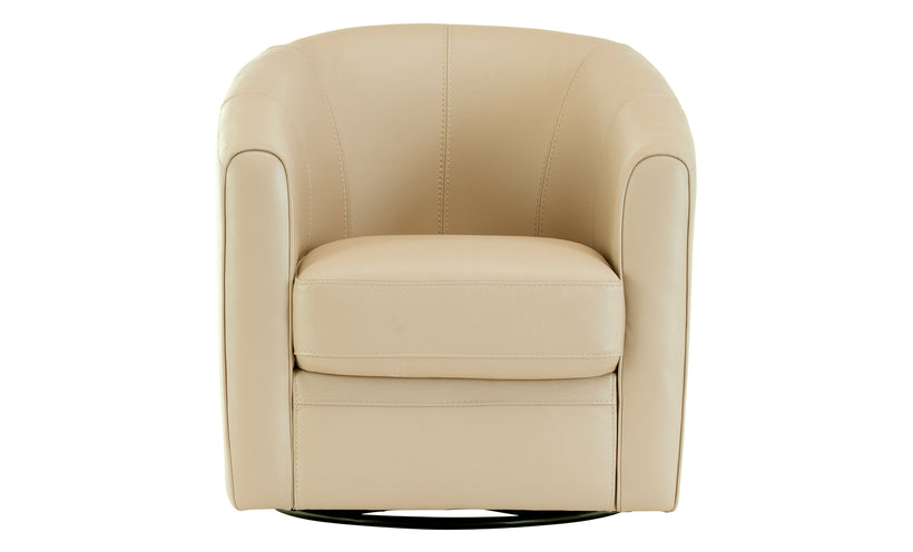 Tan leather swivel chair on a white background.
