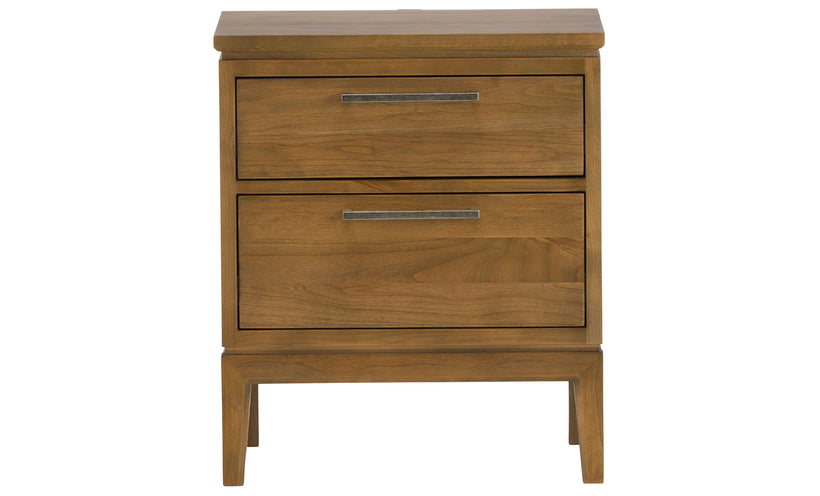 Wooden nightstand with two drawers on a white background