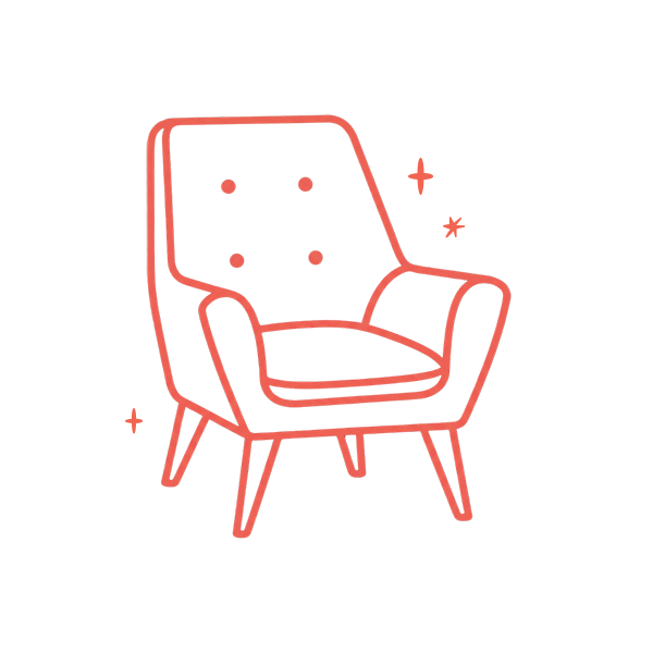red outline chair with abstract chairs on a transparent background.