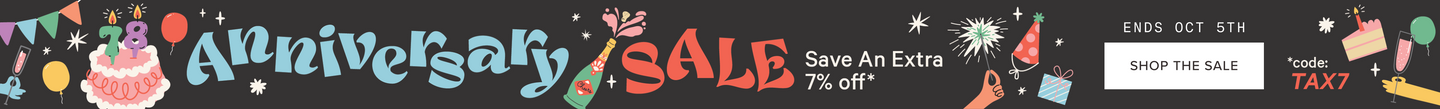 A wide promotional banner with the words 'Anniversary SALE' in large stylized lettering, a birthday cake illustration, balloons, confetti, and a 'Shop End of Day' callout on a black background.