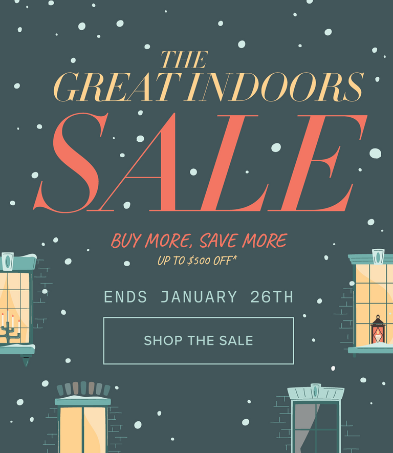 Promotional poster for 'The Great Indoors Sale' with text and architectural illustrations on a dark background.