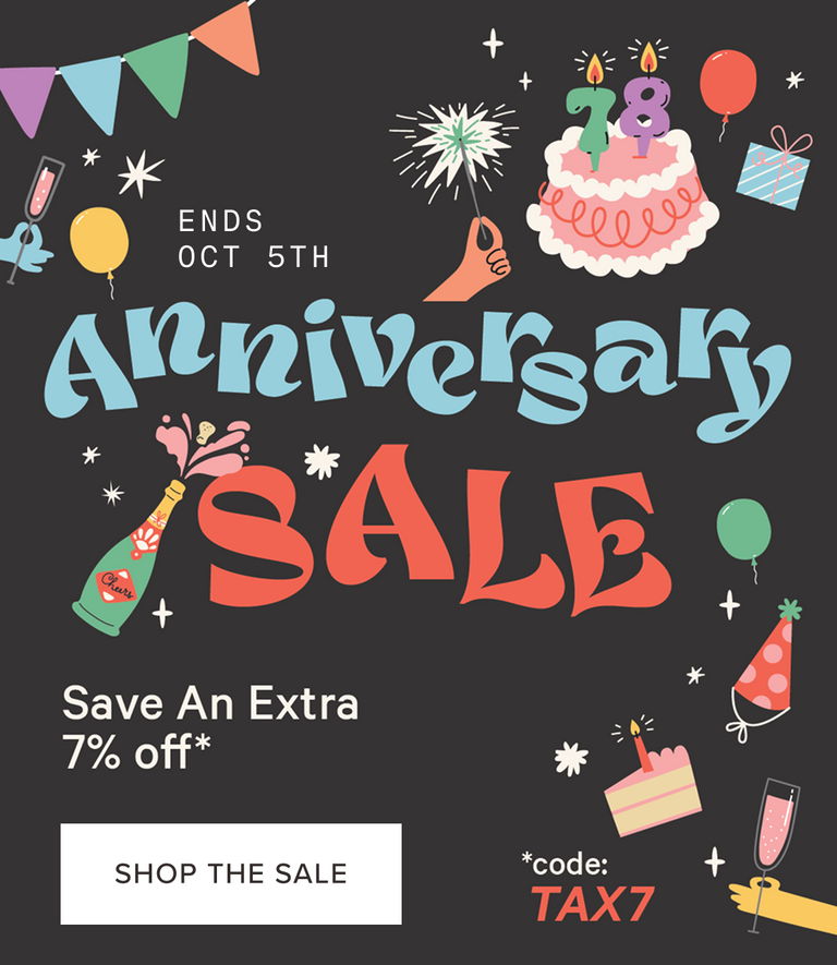 A promotional sale graphic with the words 'Anniversary SALE' in large decorative text on a dark charcoal background, surrounded by party illustrations including balloons, a cake, fireworks, a champagne bottle, and a 'SHOP THE SALE' button.